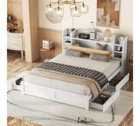 HaoChrymec Cama Individual de Madera de Pino con Cabecero Abatible, Cuatro Cajones y Múltiples Compartimentos de Almacenaje, Litera Juvenil para Dormitorio y Apartamento, Blanco, 180 x 200 cm