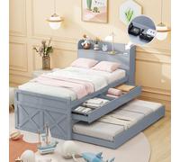 HaoChrymec Cama Individual de Madera Maciza de Pino con Cajones y Cama Nido Extraíble, con Mesilla con Almacenaje y Puerto USB, Cama Juvenil para Dormitorio y Huéspedes, Gris, 90 x 190 cm