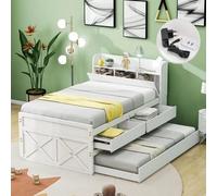 HaoChrymec Cama Individual de Madera Maciza de Pino con USB y Mesita con Estantes, Cama Nido con Cajones y Somier, Cama Juvenil para Dormitorio y Huéspedes, Blanco, 90 x 190 cm