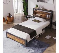HaoChrymec Cama Individual Metálica con Madera, con Cabecero con Estantes de Almacenaje y Somier Metálico, Cama Juvenil para Dormitorio y Habitación Infantil, Negro Estilo Industrial, 90 x 200 cm