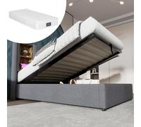 HaoChrymec Cama Individual Tapizada de Algodón con Carga Inalámbrica USB C e Iluminación LED, Cama con Almacenaje y Somier de Madera, para Dormitorio y Apartamento, Gris, 90 x 200 cm