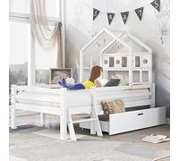 HaoChrymec Cama Infantil en Forma de Casa de Madera Maciza con Escalera y Cajones, Cama Alta con Barandilla de Seguridad, Almacenaje y Somier, para Dormitorio Infantil, Blanco, 90 x 200 cm