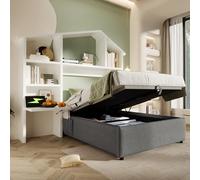 HaoChrymec Cama Infantil Tapizada con Lino y Estructura Metal y Madera, con Estante Librería y Almacenaje Hidráulico USB Type-C, Cama Juvenil para Dormitorio y Habitación, Gris y Blanco, 90 x 200 cm