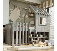 HaoChrymec Cama Infantil Tipo Casa de Madera Maciza con Techo y Ventanas, Almacenaje Abierto y Escalera de Trepa, Cama Alta Multifuncional para Dormitorio y Sala de Juegos, Gris, 90 x 200 cm