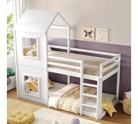 HaoChrymec Cama Litera Infantil de Madera Maciza con Baldachín y Escalera, Cama Tipo Casita para Niños y Niñas, con Barandilla de Seguridad, para Dormitorio Juvenil, Blanco, 90 x 200 cm