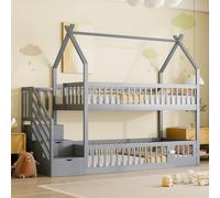 HaoChrymec Cama Litera Infantil de Madera Maciza con Techo, Escalera Segura y Cajones de Almacenaje, Cama Multifuncional para Dormitorio Infantil y Juvenil, Gris, 90 x 200 cm