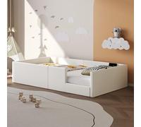 HaoChrymec Cama Plataforma Tapizada con Barandillas de Seguridad y Estación de Carga, Cama Infantil y Juvenil para Dormitorio y Habitación, Estructura MDF y PU, Blanca, 90 x 200 cm
