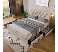 HaoChrymec Cama Tapizada 140x200 cm con Metal y Madera, Cama con 4 Cajones y Cabecero Ajustable, Cama Chesterfield Funcional para Dormitorio y Apartamento, Natural, 140 x 200 cm