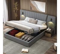 HaoChrymec Cama Tapizada 180x200 con Cabecero Extra Largo, Lámpara de Lectura Ajustable y Puerto USB, Cama con Canapé Hidráulico y Somier, Cama Doble de Terciopelo para Dormitorio, Gris, 180x200 cm