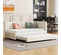 HaoChrymec Cama Tapizada 90 x 200 con Cama Nido Deslizante, Sofá Cama Multifunción con Somier de Láminas, Cama Juvenil Infantil y Cama para Invitados, Tejido de Terciopelo, Color Beige