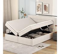 HaoChrymec Cama Tapizada con Madera MDF y Somier Metálico, Cama con Gran Almacenaje y Apertura Bilateral, Cama Matrimonio para Dormitorio y Apartamento, Beige, 140 x 200 cm