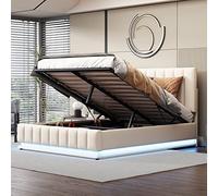 HaoChrymec Cama Tapizada con Material Acolchado, con Iluminación LED y Canapé Hidráulico, Cama Doble con Somier Metálico y Cabecero Ajustable, para Dormitorio y Habitación, Blanca, 140 x 200 cm