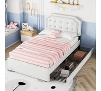 HaoChrymec Cama Tapizada con MDF y Lino, Cabecero con Clavos Decorativos, Dos Cajones de Almacenaje, Cama Individual para Dormitorio y Apartamento, Beige Claro, 90 x 200 cm