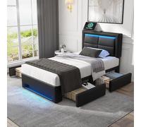 HaoChrymec Cama Tapizada con PU, con USB para Carga Inalámbrica y por Cable, con Iluminación LED y Cuatro Cajones, Cama con Somier para Dormitorio y Habitación Juvenil, Negro, 90 x 190 cm