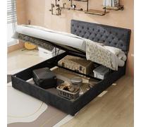 HaoChrymec Cama Tapizada con Tejido de Tela y Metal, con Cabecero Acolchado Suave y Almacenaje Hidráulico, Cama con Somier y Canapé Alto, Cama para Dormitorio y Apartamento, Gris, 140 x 200 cm