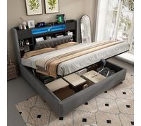 HaoChrymec Cama Tapizada de Lino con Canapé Hidráulico y LED, Dormitorio, Gris, 160x200cm