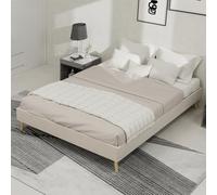 HaoChrymec Cama Tapizada de Terciopelo con Base Baja, Estructura Minimalista sin Cabecero ni Canapé, Cama Plataforma con Somier y Marco Estable para Dormitorio y Apartamento, Beige, 140 x 200 cm