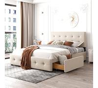 HaoChrymec Cama Tapizada de Terciopelo con Somier y Cuatro Cajones, Cabecero Acolchado y Estructura Metálica Estable, Cama Doble para Dormitorio y Habitación Juvenil, Beige, 140 x 200 cm
