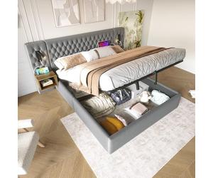 HaoChrymec Conjunto Completo de Dormitorio con Cama Tapizada de Terciopelo, Cama Doble Hidráulica con Almacenaje y 2 Mesillas, Luz de Lectura y USB en Cabecero,Gris, 160 x 200 cm (Sin Colchón)
