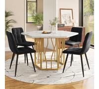 HaoChrymec Conjunto de Comedor 5 Piezas con Mesa Hexagonal de MDF y Mármol + 4 Sillas de Terciopelo Negro, Diseño Moderno, Patas Doradas, para Salón y Restaurante, 115.5x100x75cm