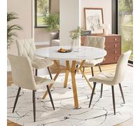 HaoChrymec Conjunto de Comedor 5 Piezas con Mesa Redonda de MDF con Acabado Mármol, Patas Doradas de Metal, 4 Sillas Ergonómicas de Terciopelo, Ideal para Comedor, Beige