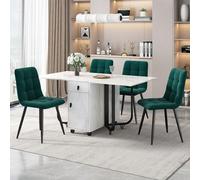 HaoChrymec Conjunto de Comedor con MDF, Mesa Plegable y 4 Sillas de Terciopelo Acolchadas, Set Mesa Cocina, Mesa Comedor Moderna, para Comedor y Cocina, Blanco, 150x80x76cm