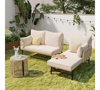 HaoChrymec Conjunto de Jardín de Cuerda Tejida con Estructura de Acero, Set Lounge en L con Mesa, Muebles Exterior Resistentes al Agua y al Sol, para Terraza y Jardín, Beige