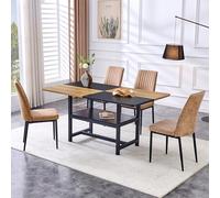 HaoChrymec Conjunto de Mesa de Comedor Rectangular con Estante Multifuncional y 4 Sillas de Tela Tech, Diseño Moderno, Sillas de Cocina y Salón, Marrón+Negro, 160x90x76 cm