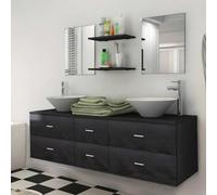 HaoChrymec Conjunto de Mueble de Baño de 7 Piezas con Lavabo Negro, Madera de Panel, Espejos, Estantes y Lavabos, Ideal para Baño, Aseo y Más, Color Negro y Blanco, 150 x 45 x 45 cm