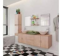 HaoChrymec Conjunto de Muebles de Baño de 11 Piezas con Lavabo y Grifo, Madera de Ingeniería, Armarios de Pared, Espejos, Estantes, para Baño, Dormitorio, Color Beige, 150 x 45 x 45 cm