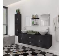 HaoChrymec Conjunto de Muebles de Baño de 11 Piezas, Madera, Lavabo Blanco y Grifos Cromados, Armario Baño, Espejos y Estantes, Requiere Montaje, para Baño y Tocador, Color Negro, 150 x 45 x 45 cm