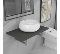HaoChrymec Conjunto de Muebles de Baño de 2 Piezas, Estante de Pared de Madera y Metal, Lavabo Redondo de Cerámica, Apto para Baño, Aseo o Tocador, Color Gris y Blanco, 60 x 40 x 16.3 cm