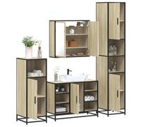 HaoChrymec Conjunto de Muebles de Baño de 4 Piezas, Madera de Ingeniería, Mueble Auxiliar Baño, Armario con Espejo, Cajoneras, Apto para Baño y Dormitorio, Color Roble Sonoma, 80 x 33 x 60 cm