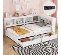 HaoChrymec Daybed Cama Individual con Tablero de Partículas, con Dos Cajones, Enchufe y 2 Puertos USB, Estantes Laterales y Somier, Sofá Cama para Dormitorio y Salón, Blanco, 90 x 200 cm