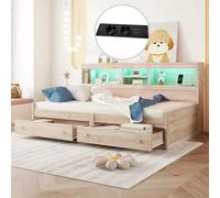 HaoChrymec Daybed Sofá Cama de Tablero de Partículas con Luz LED y Puertos USB, Cama Individual con Cajones y Somier, Mueble Multifunción para Dormitorio y Apartamento, Color Natural, 90 x 200 cm