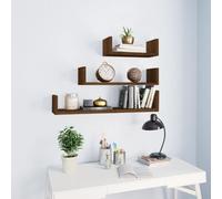 HaoChrymec Estantes Flotantes de Pared, 3 Piezas Madera Imitación Roble Marrón, Diseño en Forma de U, Almacenamiento Decorativo para Libros, CD, Plantas, Sala de Estar, Cocina, 60x15x10 cm