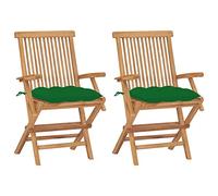 HaoChrymec Juego de 2 Sillas de Jardín, Sillones Exterior con Cojines Verdes, Madera de Teca Maciza Plegable, Resistentes a la Intemperie, para Terraza, Patio o Balcón, Color Verde, 55x60x89 cm
