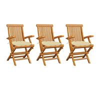 HaoChrymec Juego de 3 Sillas de Jardín, Sillones Exterior con Cojines de Poliéster, Madera de Teca Natural Plegable, Resistente a la Intemperie, para Terraza y Balcón, Color Blanco Crema, 55x60x89 cm