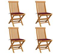 HaoChrymec Juego de 4 Sillas de Jardín Exterior, Sillones Plegables de Teca Maciza con Cojines, Diseño Compacto y Resistente a la Intemperie, para Terraza y Patio, Color Vino, 47x60x89 cm