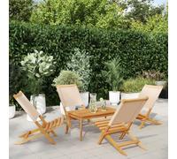 HaoChrymec Juego de 4 Sillas Plegables de Exterior, Tela Beige y Madera de Acacia Maciza, Diseño Plegable y Reposabrazos, Resistentes a la Intemperie, Sillones Jardín Exterior,Beige, 41x72x68 cm