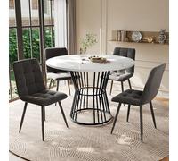 HaoChrymec Juego de Comedor 5 Piezas con Mesa Redonda de MDF y 4 Sillas de Terciopelo, Mesa 100 cm Diámetro, Patas de Metal Negro, para Cocina y Salón, Blanco y Gris Oscuro