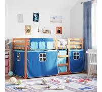 HaoChrymec Litera con Cortinas Azul, de Madera Maciza de Pino, Diseño Seguro con Barandillas, Literas Juveniles Ideal para Habitaciones Infantiles o Juveniles, Color Marrón Cera, 75x190 cm