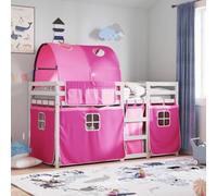 HaoChrymec Litera con Cortinas Rosa, de Madera Maciza de Pino, Diseño Seguro con Barandillas, Literas Juveniles Ideal para Habitaciones Infantiles y Juveniles, Color Blanco, 80x200 cm