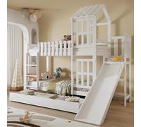 HaoChrymec Litera Infantil de Madera con Cajón Grande con Ruedas, Tobogán Divertido, Techo y Ventana Decorativos, Cama para Niños, Almacenaje y Juego, Blanco, 90 x 200 cm