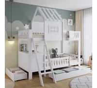 HaoChrymec Litera Infantil de Madera con Dos Cajones con Ruedas, Techo y Ventana, Mesa de Lectura y Cesta de Almacenaje, Cama para Dormitorio Infantil, Blanco, 90 x 200 cm