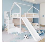 HaoChrymec Litera Infantil de Madera con Escalera de Almacenaje y Rampa, Cama Tipo Casa con Barandilla, Adecuada para Dormitorio Juvenil y Habitación Infantil, Blanca, 140x200cm