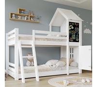 HaoChrymec Litera Infantil de Madera con Puerta Pequeña y Pizarra, Cama Infantil Tipo Casa con Ventanas y Techo, Escalera Inclinada de Tres Peldaños y Somier Resistente, Blanco, 90 x 200 cm
