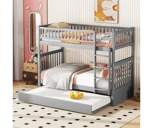 HaoChrymec Litera Triple de Madera de Pino con Cama Nido y Escalera, Cama Infantil y Juvenil con Barandillas Altas, Cama Extraíble para Dormitorio y Habitación, Gris, 90 x 200 cm