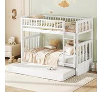 HaoChrymec Litera Triple de Pino con Cama Nido y Escalera, Cama Infantil y Juvenil con Barandillas Altas, Cama Extraíble para Dormitorio y Habitación, Blanco, 90 x 200 cm