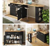 HaoChrymec Mesa De Bar Extensible con MDF, Bartender Móvil con Almacenaje y Ruedas, Mesa Telescópica con Cajón y Estantes, Isla De Cocina y Mesa Alta, Color Negro, 137-215x39x102.3 cm